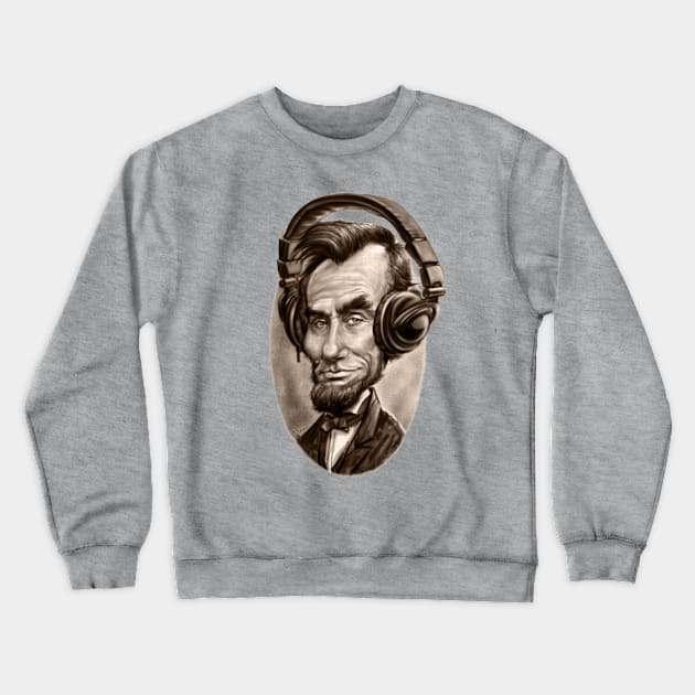 Caricature of Abe Lincoln with Music Headphones Crewneck Sweatshirt by Mudge